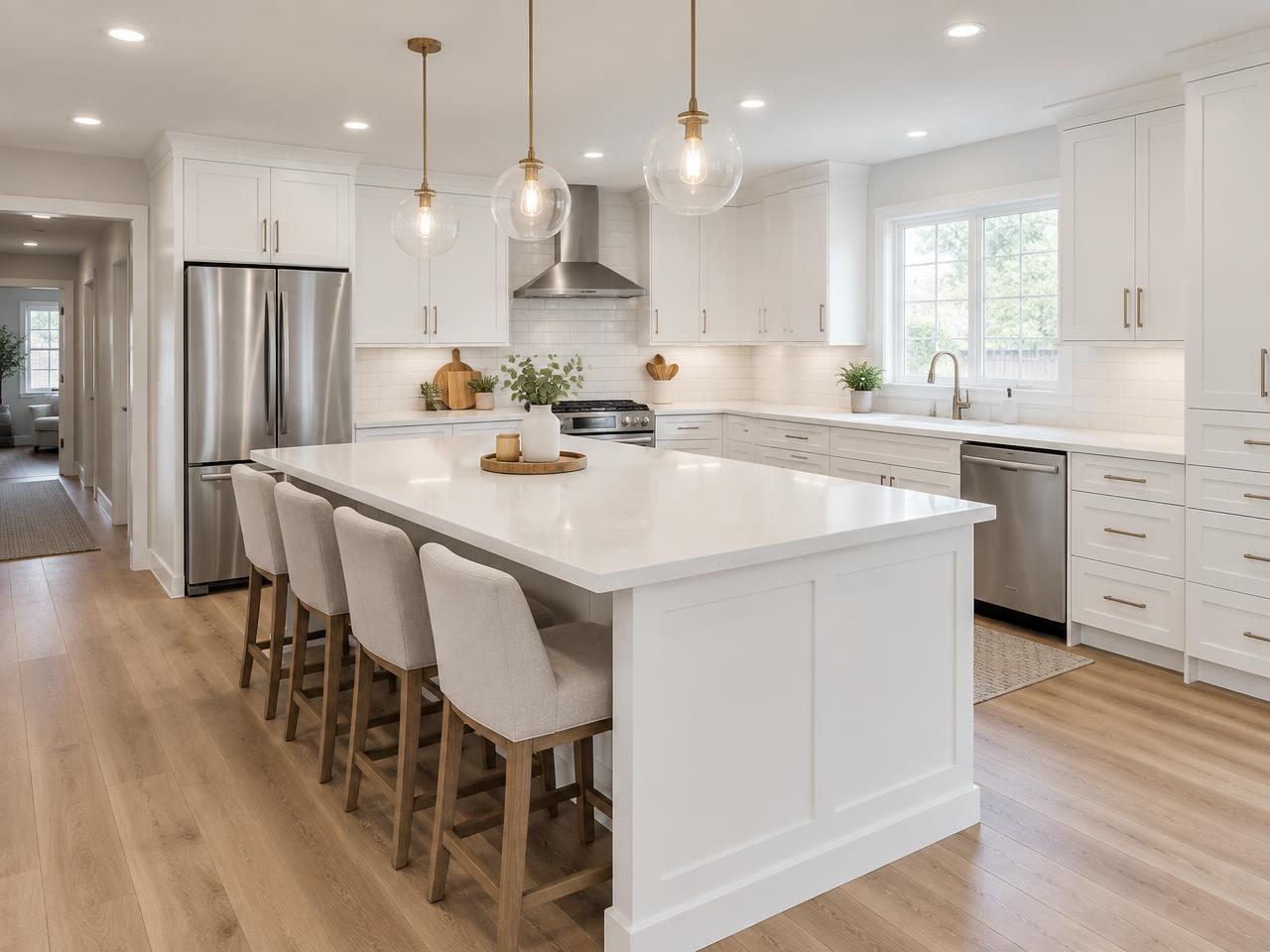 After: Dated oak kitchen to open-concept island kitchen