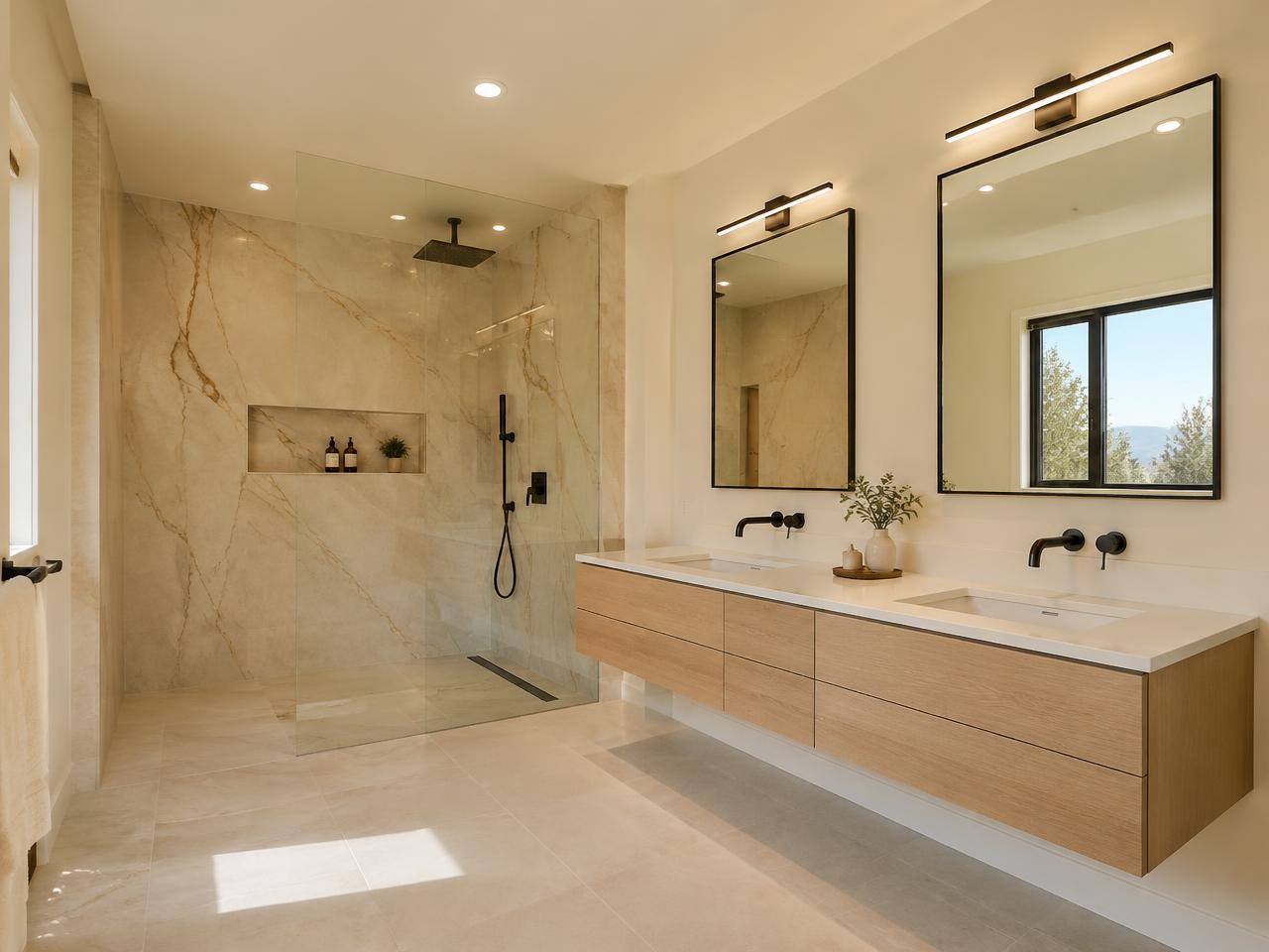 Modern remodeled bathroom with frameless glass shower