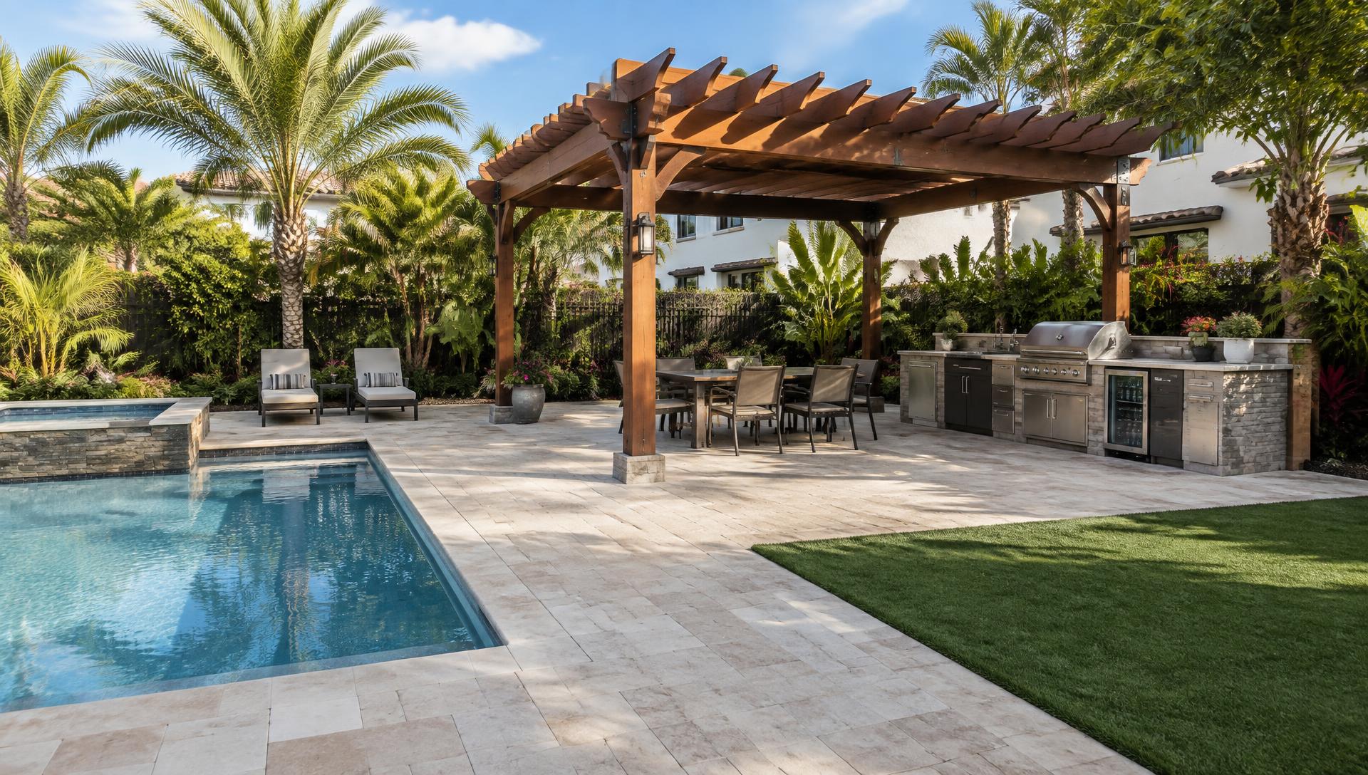 Finished backyard with paver pool deck, pergola and outdoor kitchen