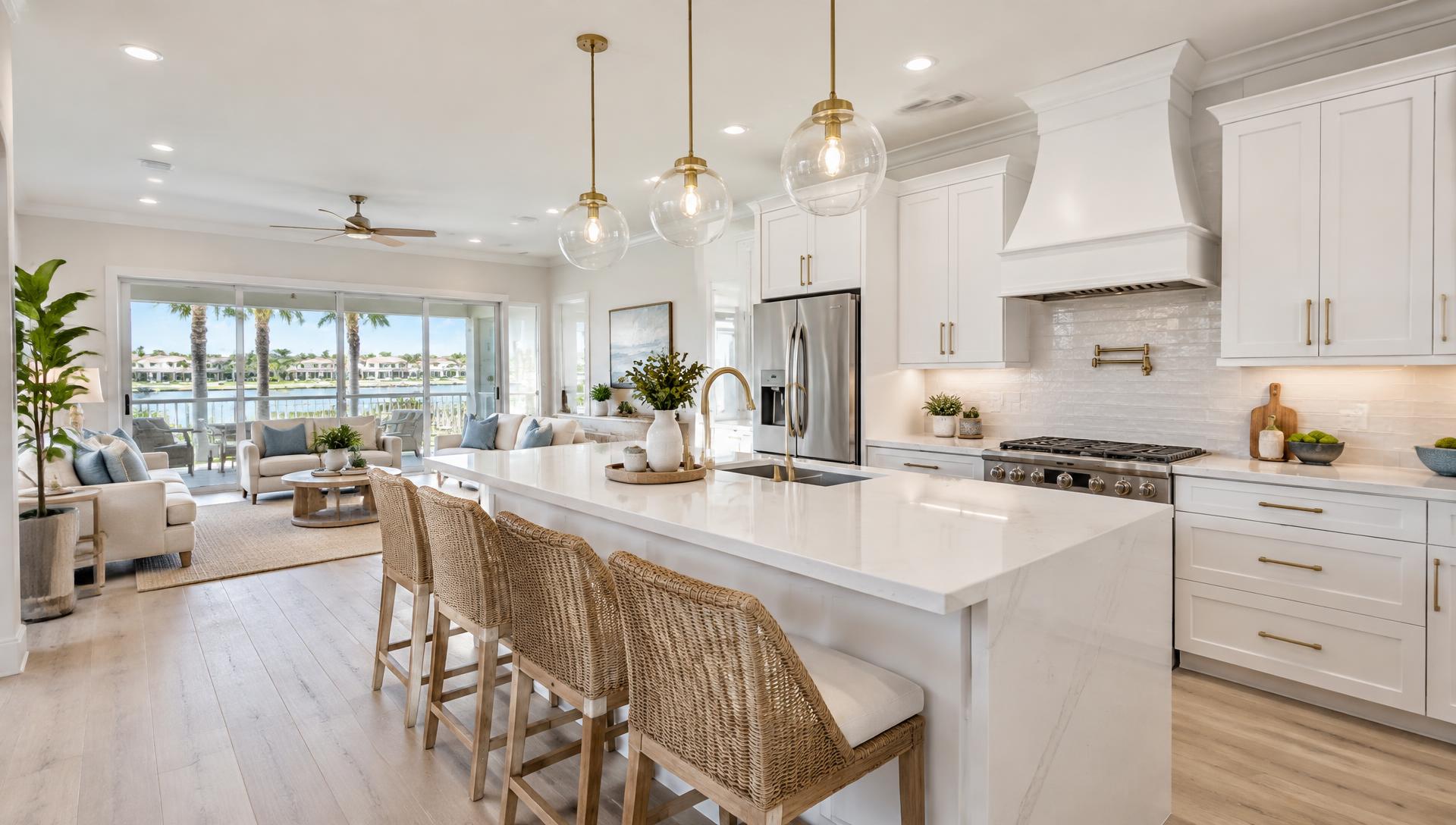 Newly remodeled bright open-concept kitchen with quartz island